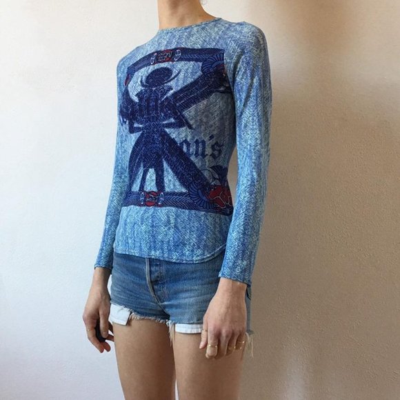 New vintage Gaultier Egyptian scarab mesh semi-sheer Y2K 90's microprint blouse - Picture 3 of 16